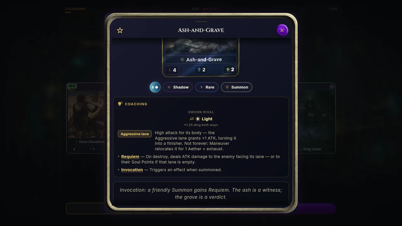 Card coaching panel with lane advice and keyword explanations