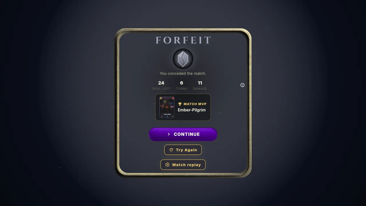 Match result screen with Soul left, turns, damage and Match MVP