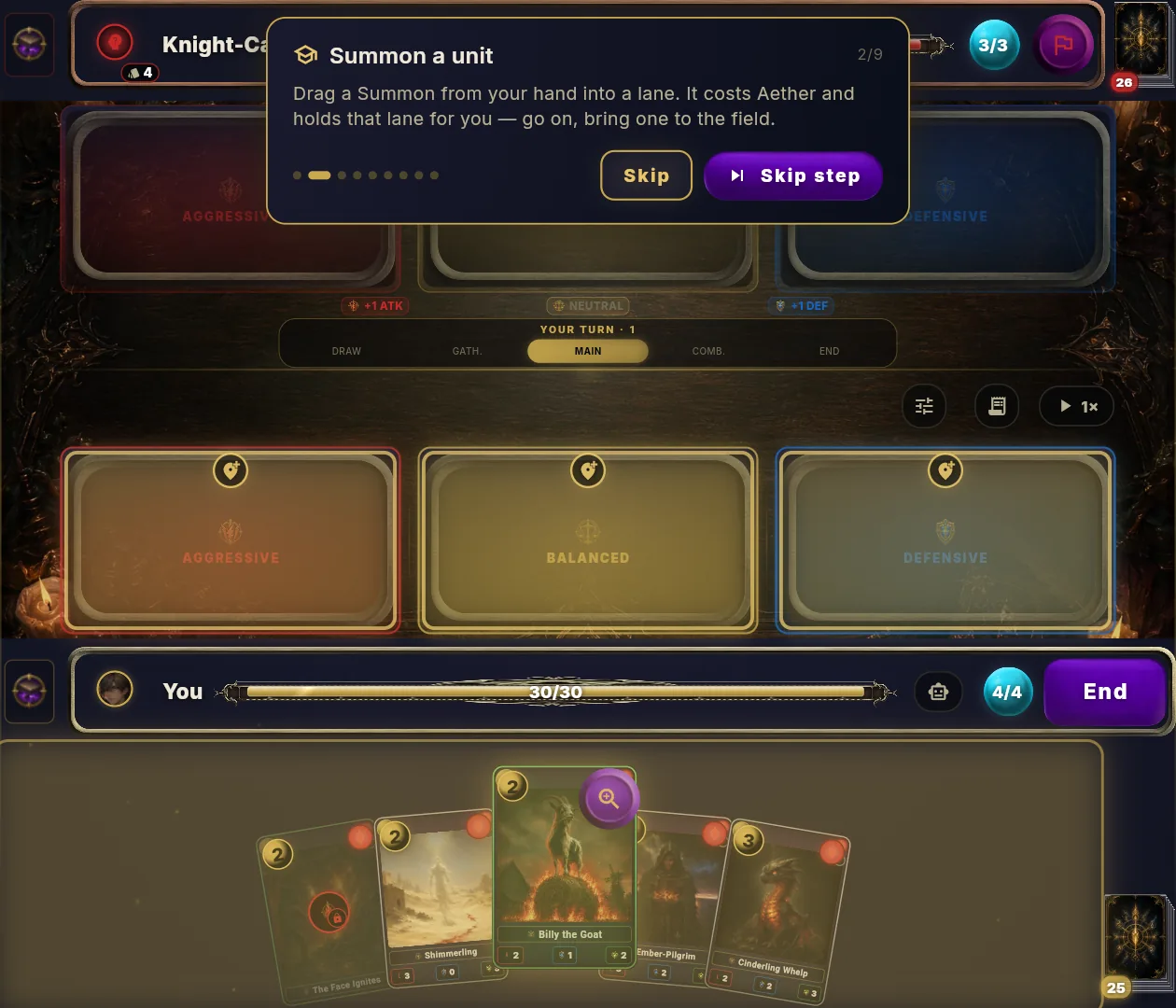 A Summon selected in hand with lanes highlighted as targets