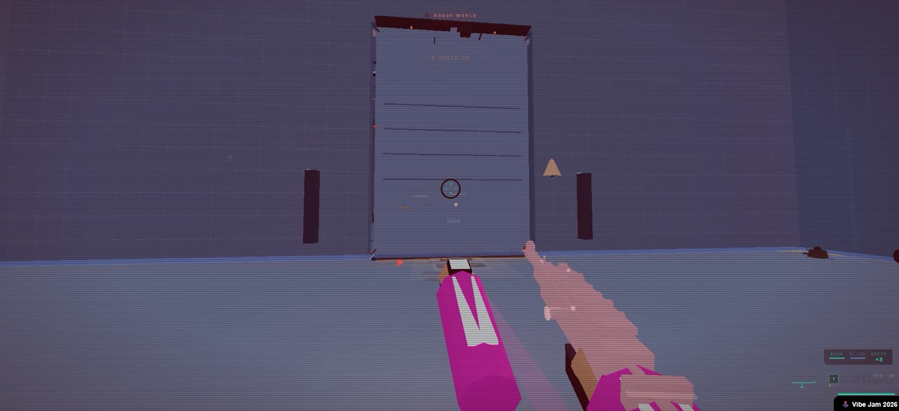 Deckrunner gameplay: first-person view inside a derelict space station, a pink sci-fi sidearm raised toward a labeled door, with the Vibe Jam 2026 badge in the corner.